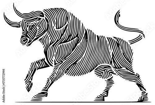 Vector illustration of a large bull with huge horns and hooves