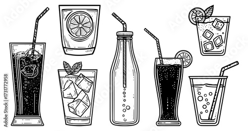 Vector illustrations of drinks in bottles and glasses