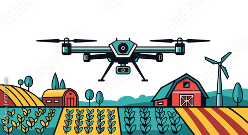 Modern drone technology surveying agricultural fields for precision farming.