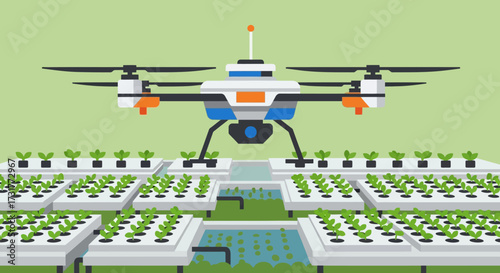 Modern drone technology overseeing hydroponic farm cultivation.