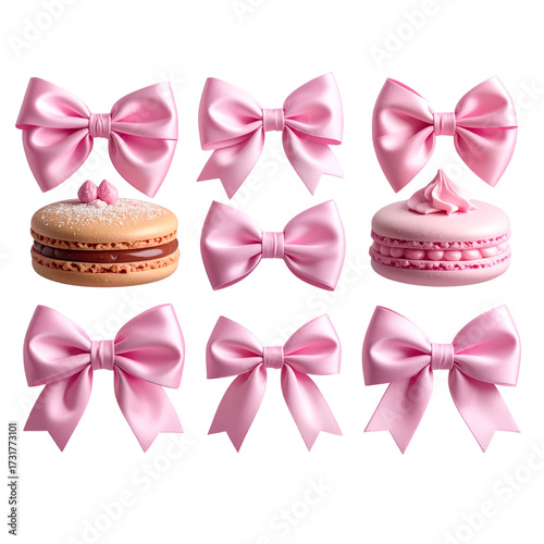 Floating Pink Bows and Dessert Elements with Soft Drop Shadows, Dynamic Angles, Transparent Background 