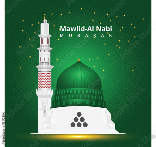 Green Dome Mosque With Minaret And Mawlid Al Nabi Mubarak Text islam
