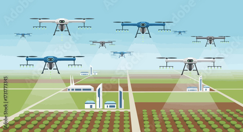 Modern farming with advanced drones monitoring crops and fields.