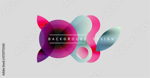 Abstract colorful shapes overlap, creating dynamic visual effect. Gradient hues blend, forming modern background design.