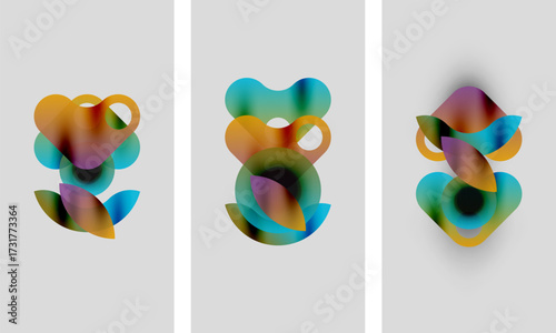 Abstract colorful shapes overlap, creating fluid forms. Three panels display similar compositions, differing slightly in hue. Minimalist design, soft gradients.