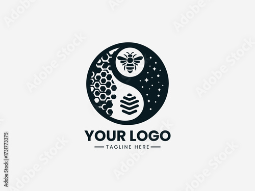 Harmonious honey comb bee yin yang vector logo with balanced natural elements for wellness brand