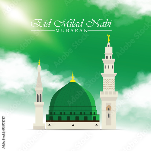 Green Dome Mosque With Minarets And Eid Milad Nabi Greeting islam