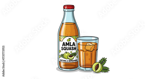 Hand drawn illustration of Amla squash juice bottle and glass with ice cubes showcasing refreshing