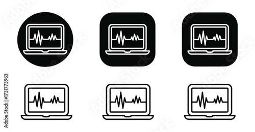 Set of six laptop icons with waveform screens in solid and outline styles, ideal for diagnostics, monitoring, data analysis, and tech UI design
