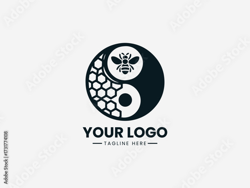 Harmonious honey comb bee yin yang vector logo with balanced natural elements for wellness brand