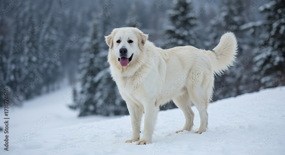 Obraz premium White dog standing in snowy landscape with trees in the background