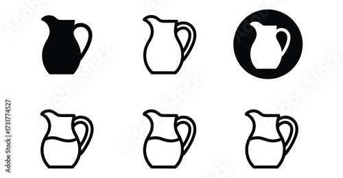 Set of six pitcher silhouette icons in varied styles including solid, outline, and detailed contours, ideal for design, puzzles, and cognitive visuals