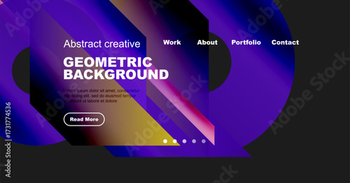 Website header displays abstract geometric design. Text includes work, about, portfolio, contact options. Button invites further reading.