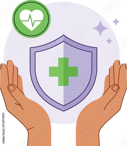 Hands holding shield with medical cross, health insurance concept isolated on white background