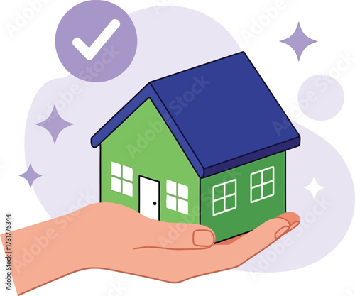Hand holding a house with a checkmark, symbolizing home insurance approval