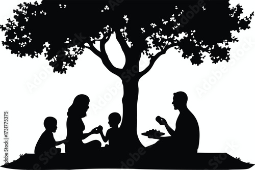 Family Picnic Under a Tree Silhouette Illustration