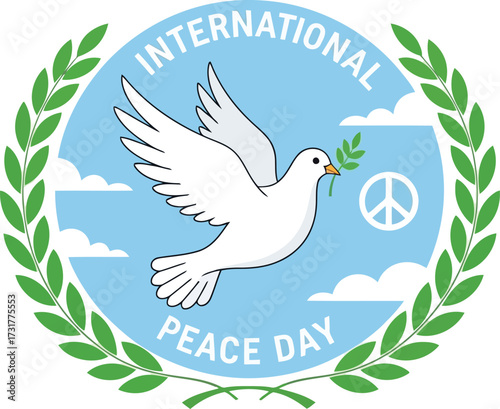 International peace day with dove and olive branch isolated on white background