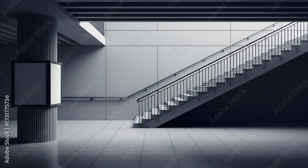 Obraz premium Modern Staircase Interior – Minimalist Architectural Space with Clean Lines and Gray Palette