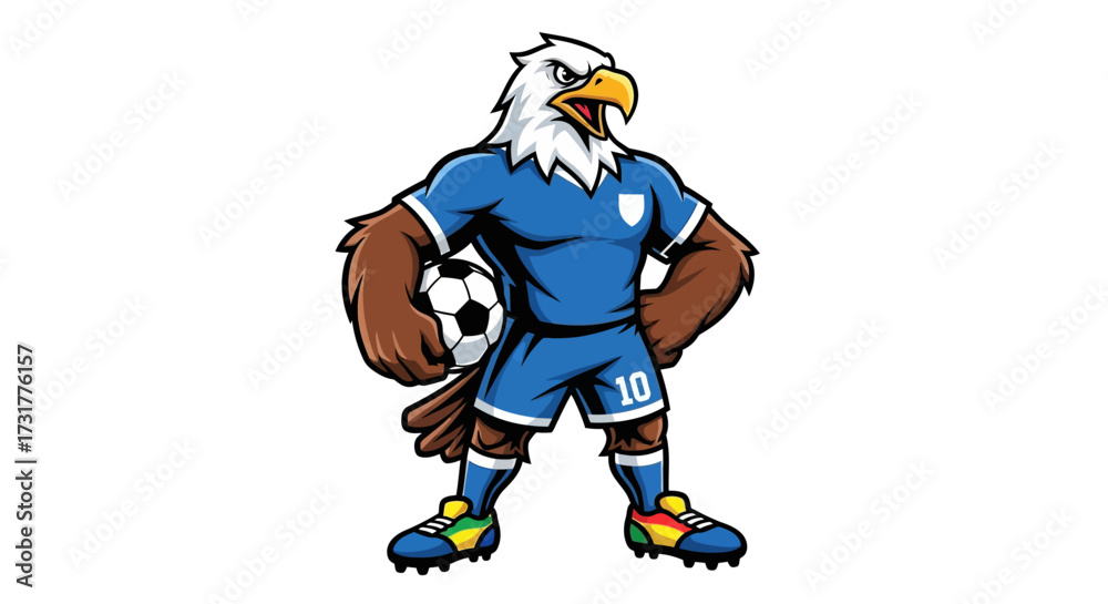 Obraz premium Cartoon eagle mascot wearing a soccer uniform and holding a soccer ball stands ready