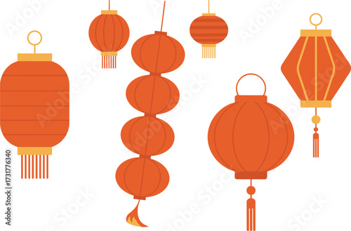 Red and Orange Chinese Lanterns Hanging in a Group Keywords: chinese lantern, red lantern, orange