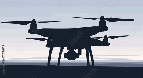 Silhouette of a modern drone with four propellers and a camera gimbal.