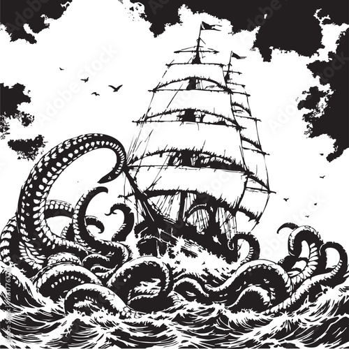 Kraken vs Ship Vector — Black and White Illustration of Sailing Vessel Battling Giant Tentacles in Stormy Sea with Dramatic Sky