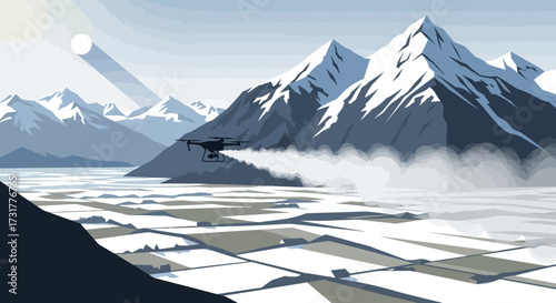 Snowy mountain landscape with sun and mist.