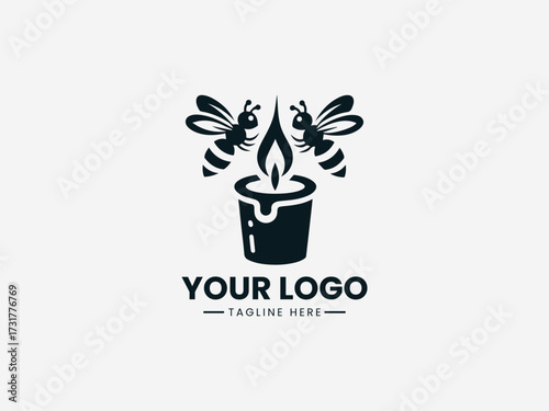 Artisan honey bee candle vector logo with glowing flame and honeycomb pattern for handmade brand