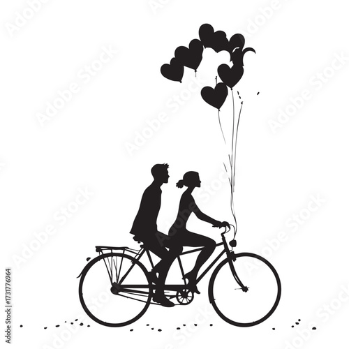Romantic Bicycle Ride Vector — Black and White Silhouette of Couple with Heart Balloons Symbolizing Love, Journey, and Togetherness