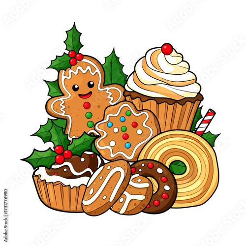Festive collection of Christmas gingerbread cookies, cupcakes, and winter holiday sweets