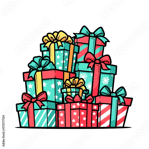 Vibrant cartoon illustration of a large stack of festive holiday presents and Christmas gift boxes

