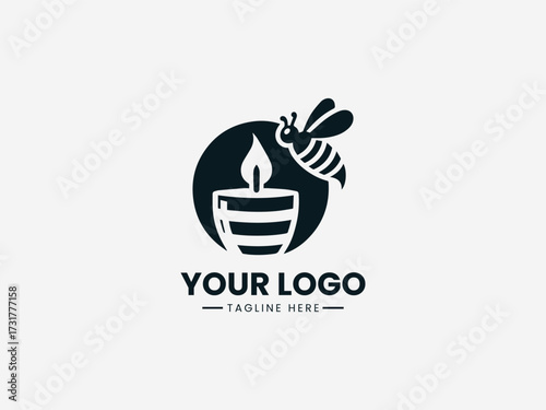 Artisan honey bee candle vector logo with glowing flame and honeycomb pattern for handmade brand