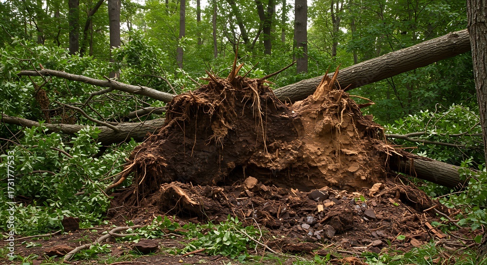 Fototapeta premium Uprooted tree in forest landscape showing exposed roots and fallen trunk details