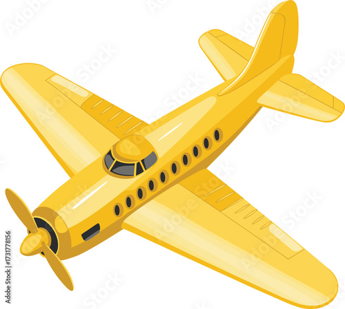 Yellow vintage airplane with propeller and windows on white background aircraft