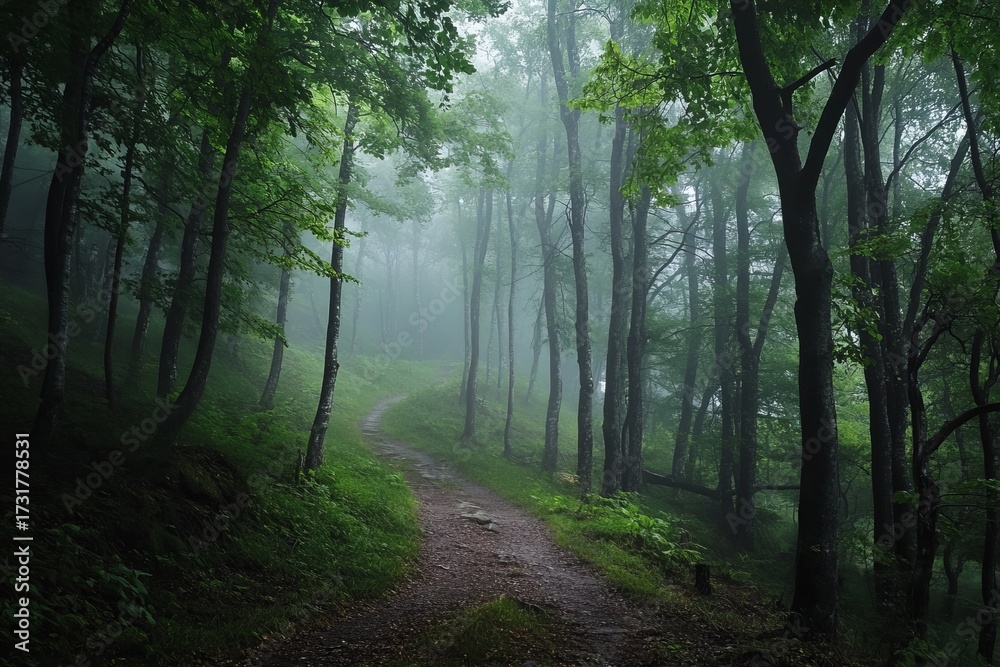 Obraz premium Misty forest path winds through verdant trees