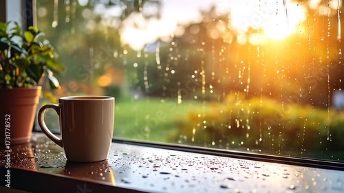 Rainy day window view with coffee mug