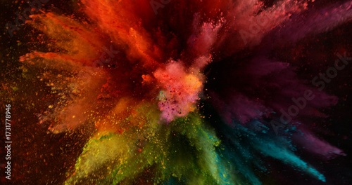 Colored powder explosion. Abstract closeup dust on backdrop. Colorful explode. Paint holi concept.