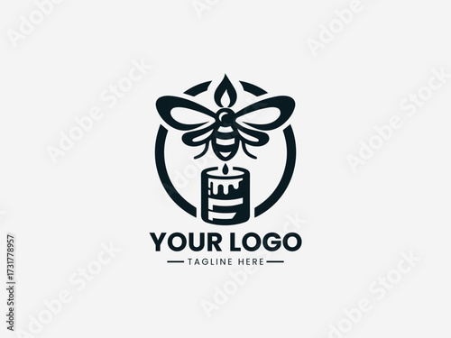 Artisan honey bee candle vector logo with glowing flame and honeycomb pattern for handmade brand