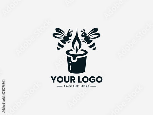 Artisan honey bee candle vector logo with glowing flame and honeycomb pattern for handmade brand