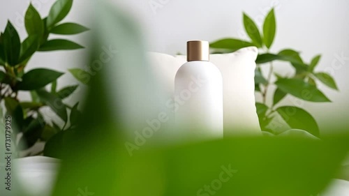 Cosmetic bottle on a bed with plants