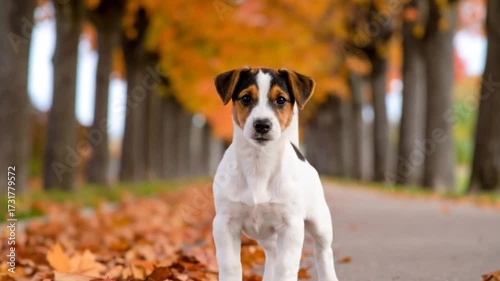 Jack Russell puppy in autumnal park