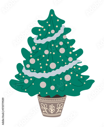 Flat vector illustration of a Christmas tree in pot, traditional fir decorated with baubles and balls for winter holidays, festive decor, isolated on transparent background