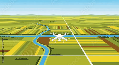 White drone flying over cultivated agricultural fields and river.