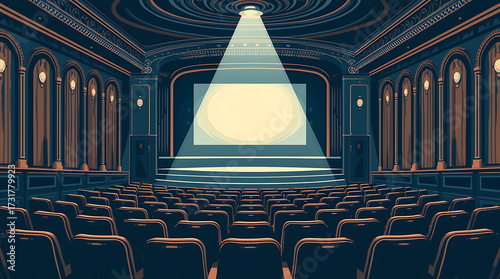 Vintage Style Detailed Interior View of a Theater with Stage