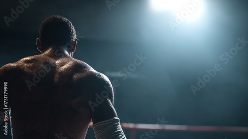 Muscular boxer, back view, spotlight