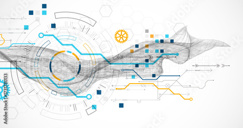 Abstract data background with wireframe wave and circuit lines. Technology concept. Vector
