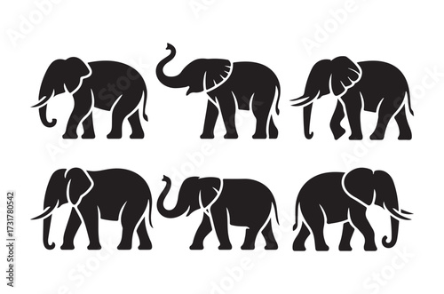 Silhouette Collection of Elephants in Various Poses Symbolic of Wildlife Conservation and Natural Resources Preservation Advocacy and Animal Welfare