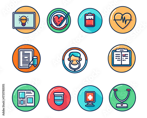 Collection of medical themed icons in circles on a black background for healthcare use