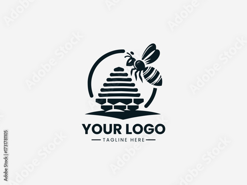 Detailed honey bee hive vector logo with hexagonal comb and active bees for community organization