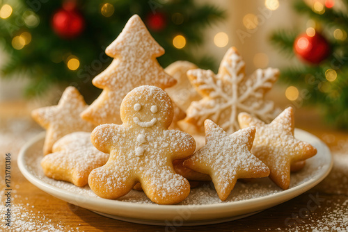 plate of festive holiday cookies dusted with powdered sugar sits in front of a glowing Christmas tree, its twinkling lights creating a warm and joyful atmosphere for the season